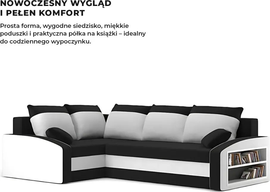 Grande sarokkanapé polcokkal , polc a jobb karfaban, baloldali, szövet anyag, hab töltet, fekete - fehér