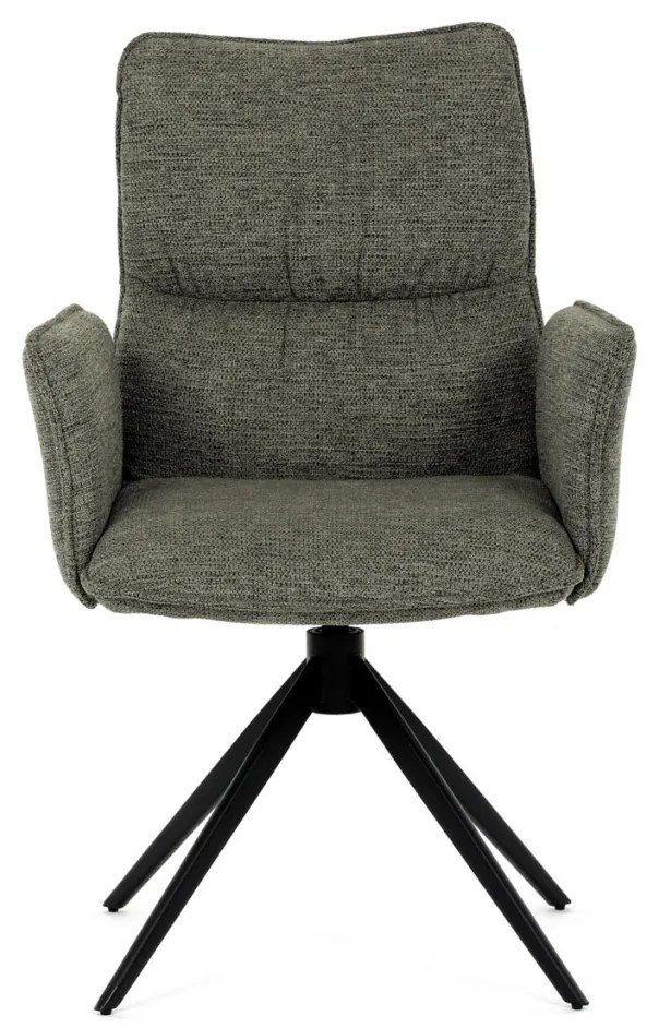Scaun de dining rotativ, tapițat cu material textil verde, mecanism rotativ 360°, picioare metalice negre