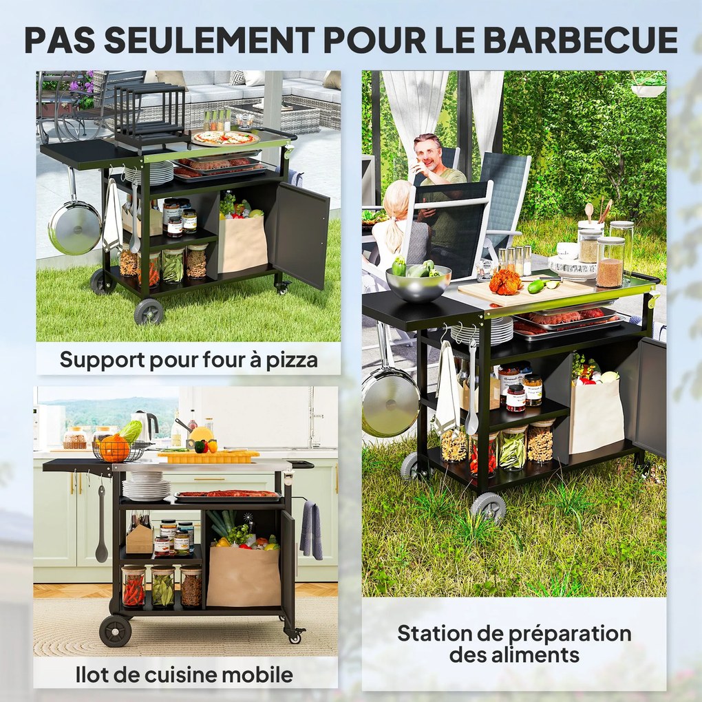 Outsunny Kültéri BBQ Kocsi Rozsdamentes Acél Felülettel, Összecsukható Polccal, Kampókkal, Takaróval, Kültéri Görgős Kocsi, 127x51x84cm, Fekete | Aoso