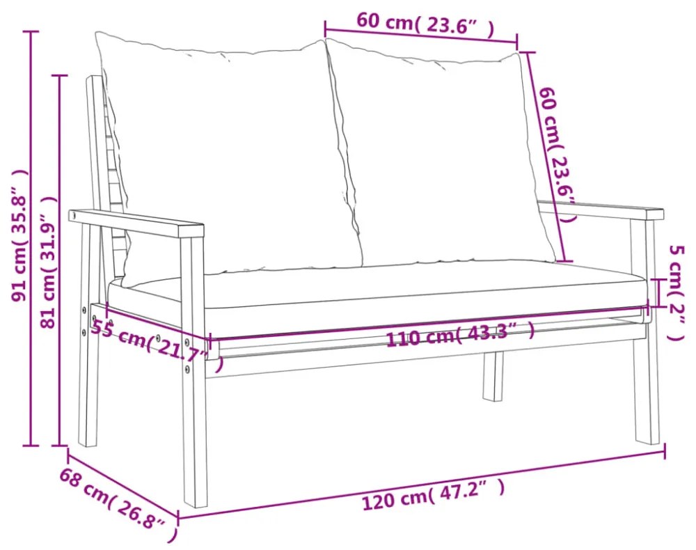 tömör akácfa kerti kanapé párnával 120 cm