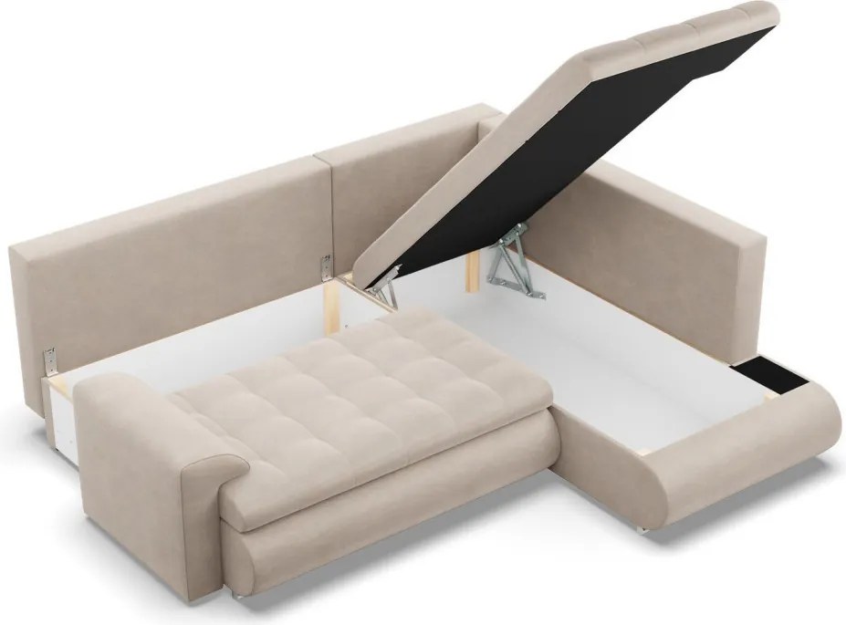 Tokio sarokkanapé, L alakú háttámlával, 2 ágyneműtartóval, bársony, jobboldali, bézs