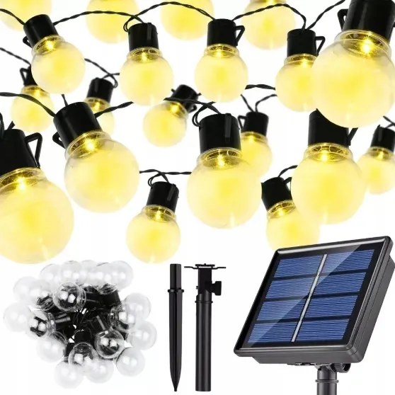 Kerti girland Napelemes 7,5m Led lámpák 20x Függő izzók Dekoratív