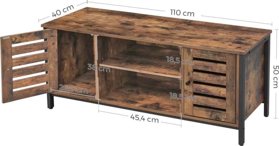 TV szekrény polcokkal és két ajtóval, rusztikus barna 110x40x50cm