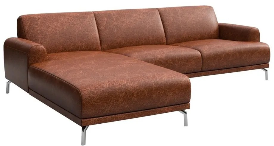 Puzo konyakbarna bőr sarokkanapé bal oldali fekvőfotellel - MESONICA