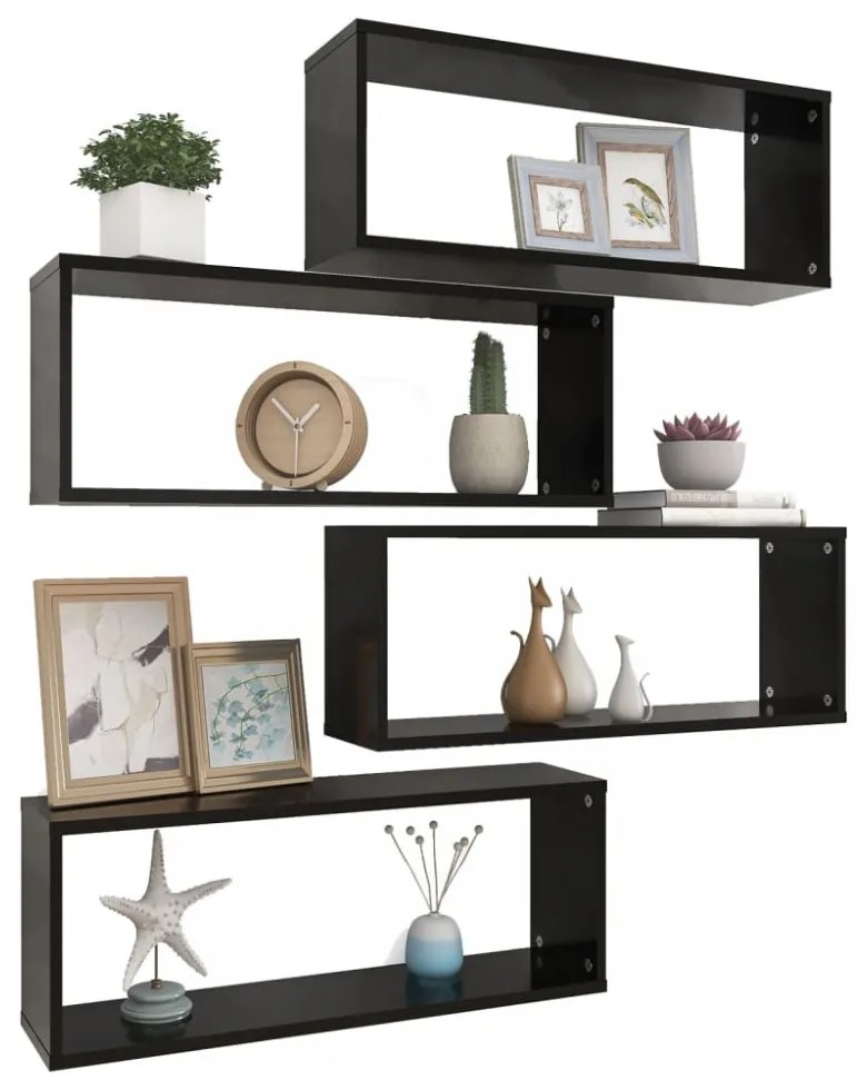 4 db fekete szerelt fa négyszögű fali polc 60 x 15 x 23 cm