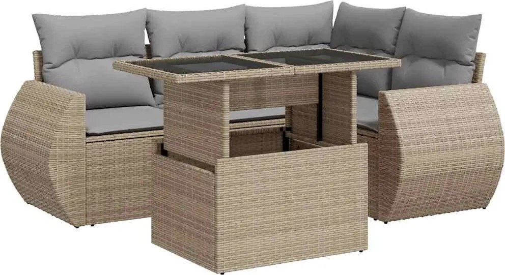 vidaXL 5 részes bézs polyrattan kerti ülőgarnitúra párnákkal