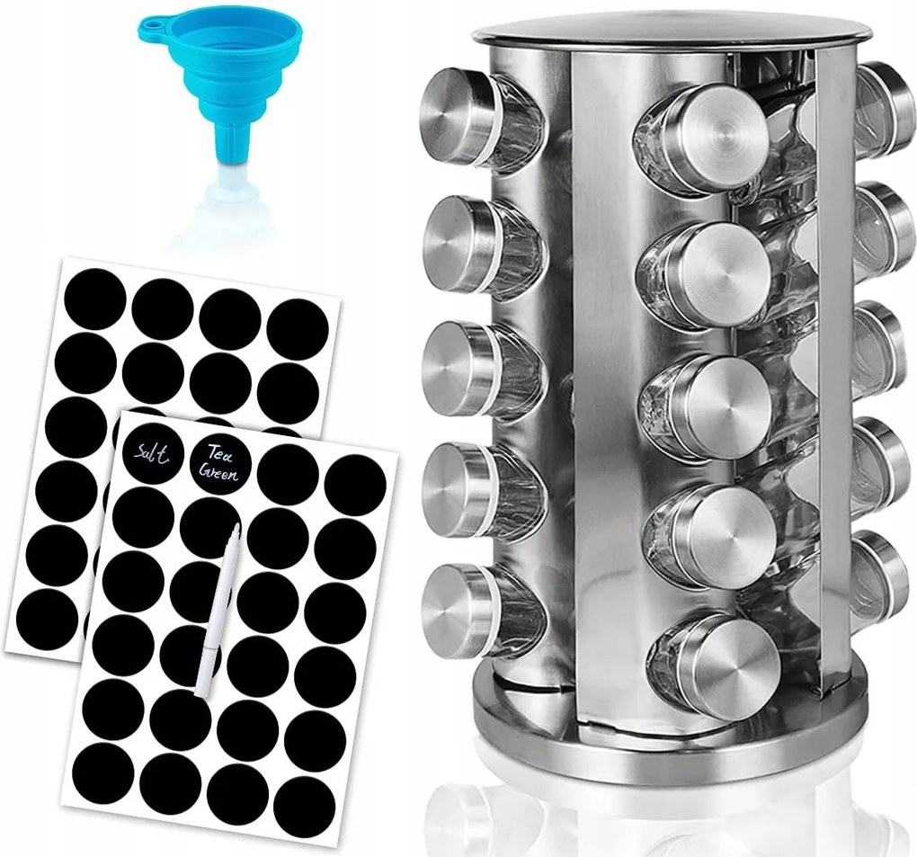 Fűszertartó Állvány 360° 20 Üveg Tégely Rozsdamentes Acél