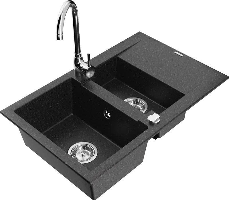 Mexen Gaspar 1,5 medencés gránit mosogató csepegtetővel és Telma konyhai csapteleppel, fekete/ezüst - 6507-73-670200-00