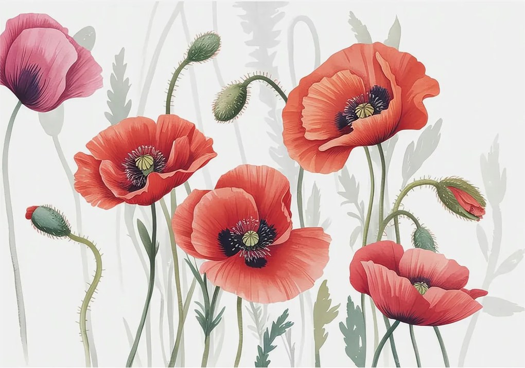 Divatos 3D Fali Ragasztó Tapéta Piros pipacs 208x146 Ragasztó