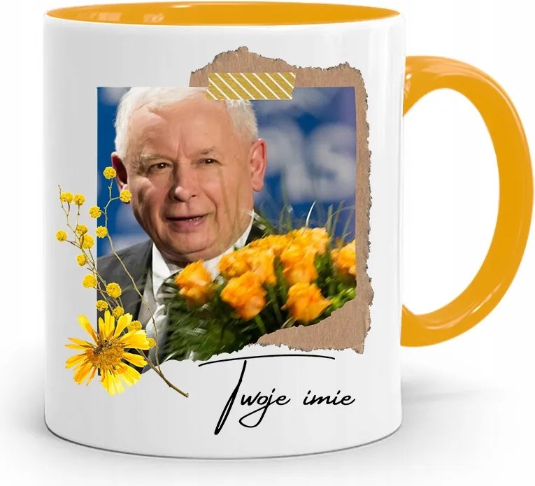 Sárga Bögre Jaroslaw Kaczynski Pis Elnök Ajándéka fényképes nyomtatással