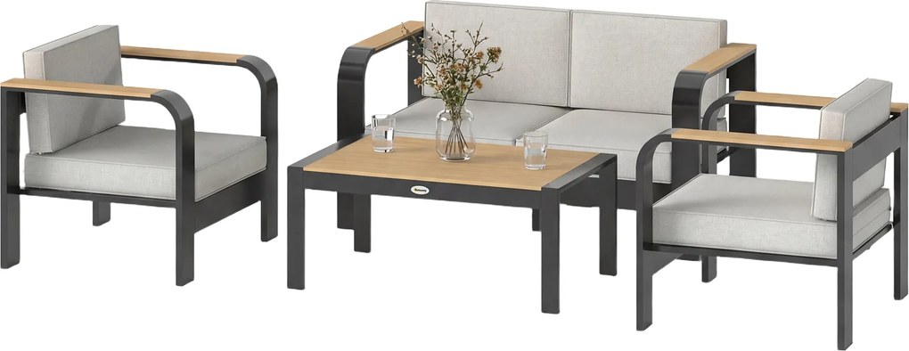 Outsunny 4 részes alumínium kerti lounge szett 4 személyre — vízálló, extra mély ülőfelületek, 2 személyes kanapé, 2 fotel, dohányzóasztal, bézs | Aos