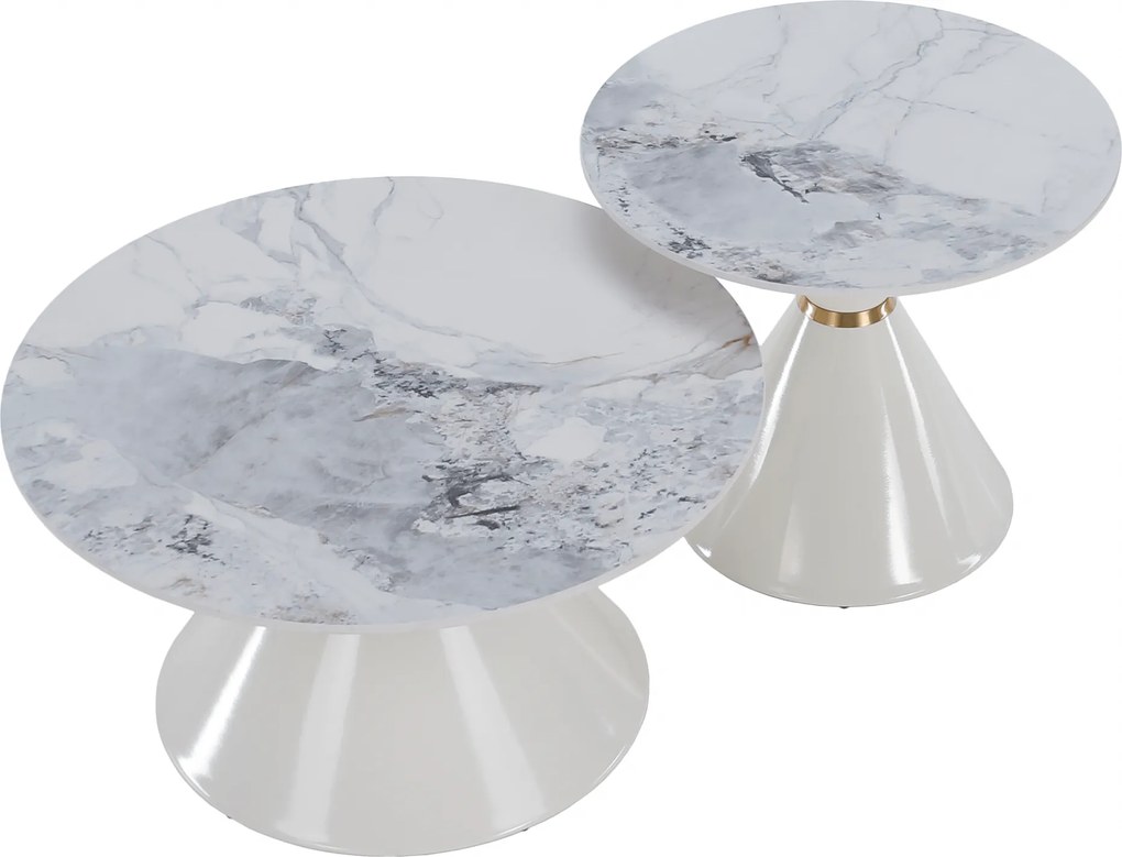 Dohányzóasztalok, 2 db-os szett, fehér márvány/fehér/arany, acél, MABUZ