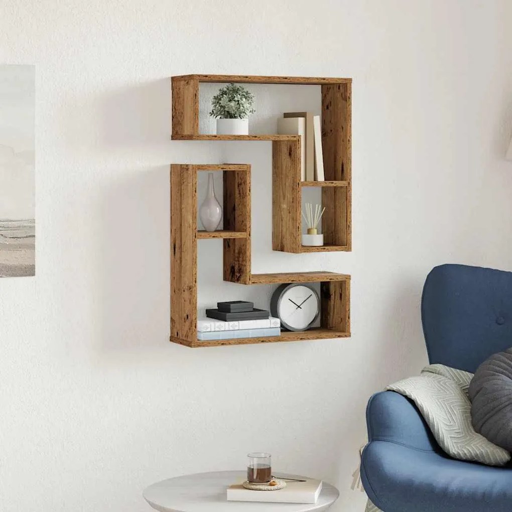2 db antik fa színű szerelt fa fali kockapolc 50x15x50 cm