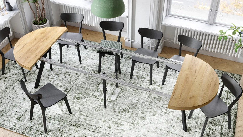 Mazzoni EXPANSO Anyagminta Arany Tölgy/fekete lábak - LOFT/IPARI STÍLUSÚ 310 cm-re BŐVÍTHETŐ NAGY KEREK ASZTAL Ø110 Y LÁBAKKAL