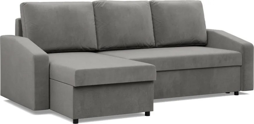 Zeus sarokkanapé, 2 ágyneműtartóval, döntött kartámasz, bársony, univerzális oldal, hab töltet, világosszürke