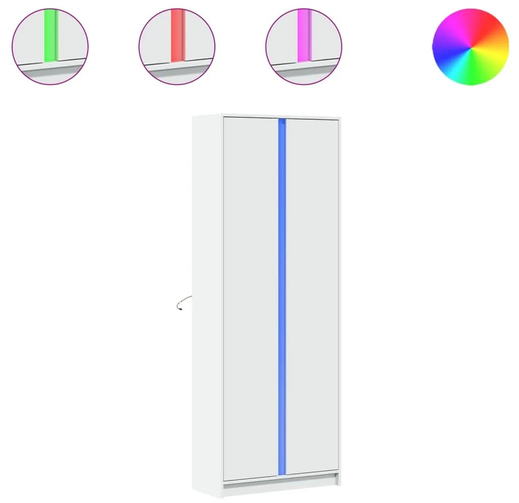 Fehér szerelt fa magasszekrény LED-ekkel 74 x 32,5 x 200 cm