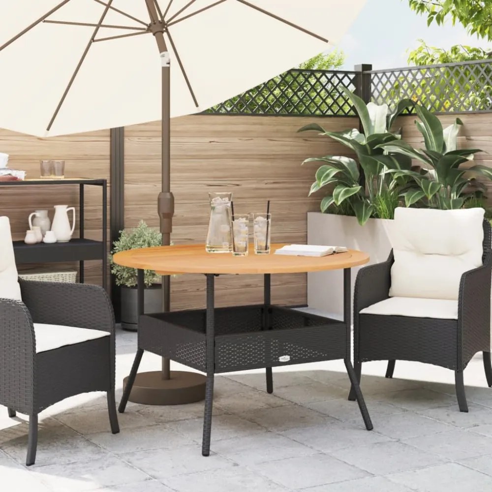 fekete polyrattan kerti asztal akácfa lappal Ø110 x 71 cm