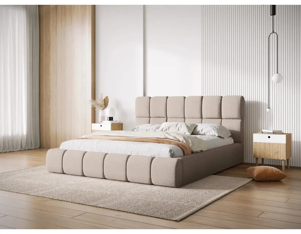 Bézs kárpitozott ágyneműtartós franciaágy ágyráccsal 180x200 cm Bellis – Micadoni Home