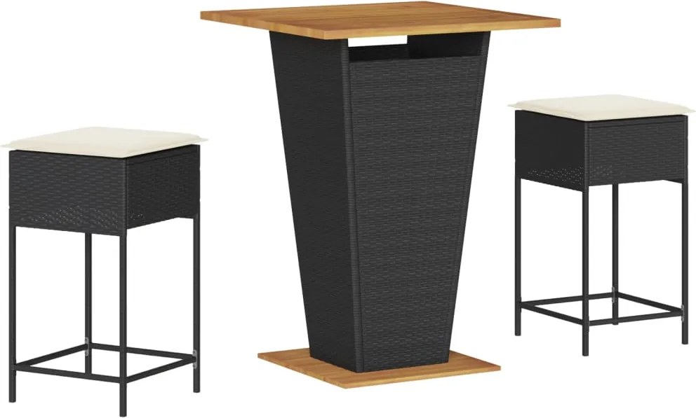 vidaXL 3 részes fekete polyrattan kerti bárszett párnával