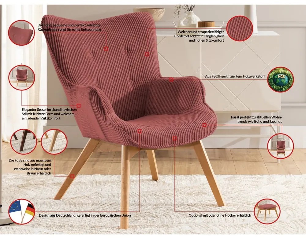 Piros kordbársony fotel Niko – Ropez