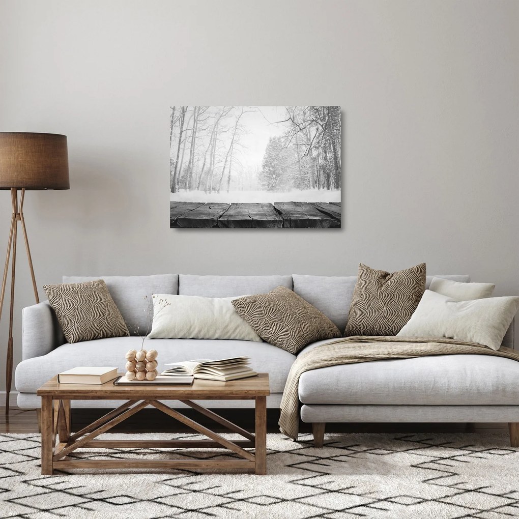Üveg kép - Fából készült móló télen (70x50 cm)