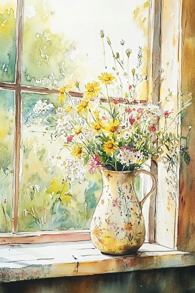 Vászonkép Canvas Ablak Dekoráció Mezei Virágok Csokor Kancsó 40x60