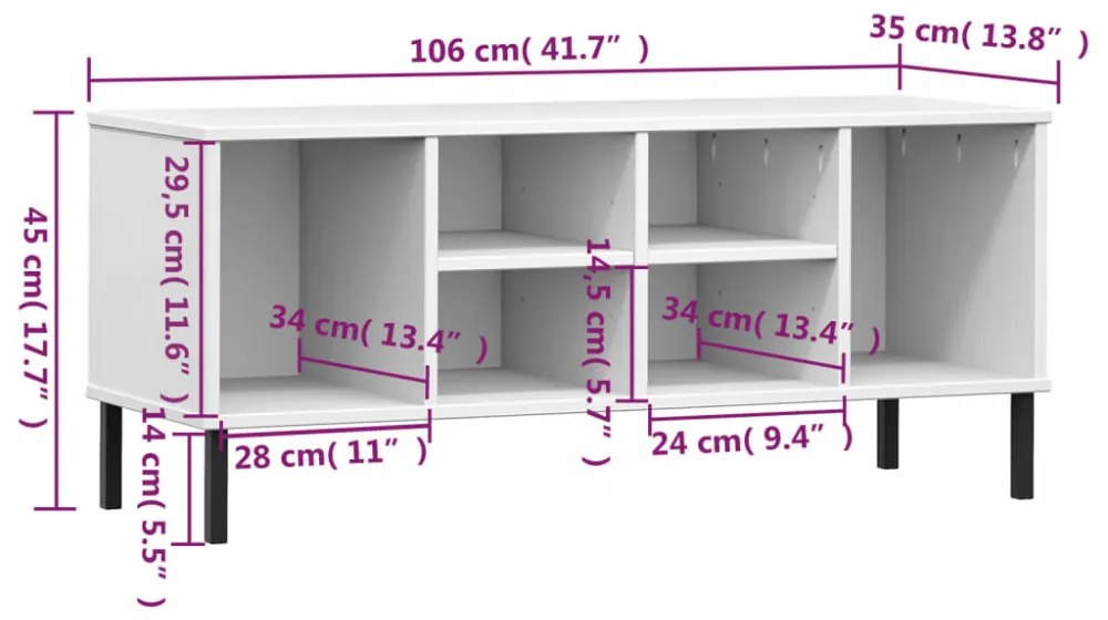 OSLO fehér tömör fa cipőszekrény fém lábakkal 106 x 35 x 45 cm