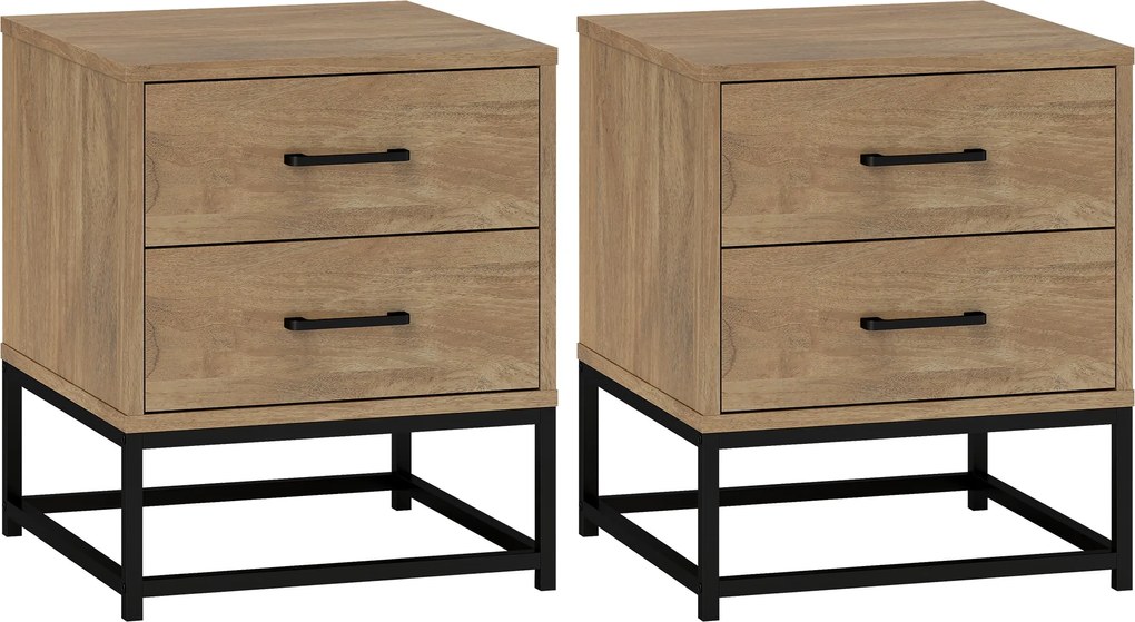 HOMCOM 2 db éjjeli szekrény 2 fiókkal, ipari stílusú éjjeliasztal hálószobába, nappaliba, méretei: 40 x 39,5 x 48 cm natúr fa kivitel | Aosom