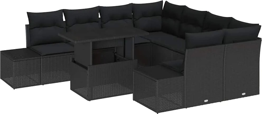 vidaXL Kerti Kanapé Szett 9 pcs Fekete Poli rattan és porfestett acél