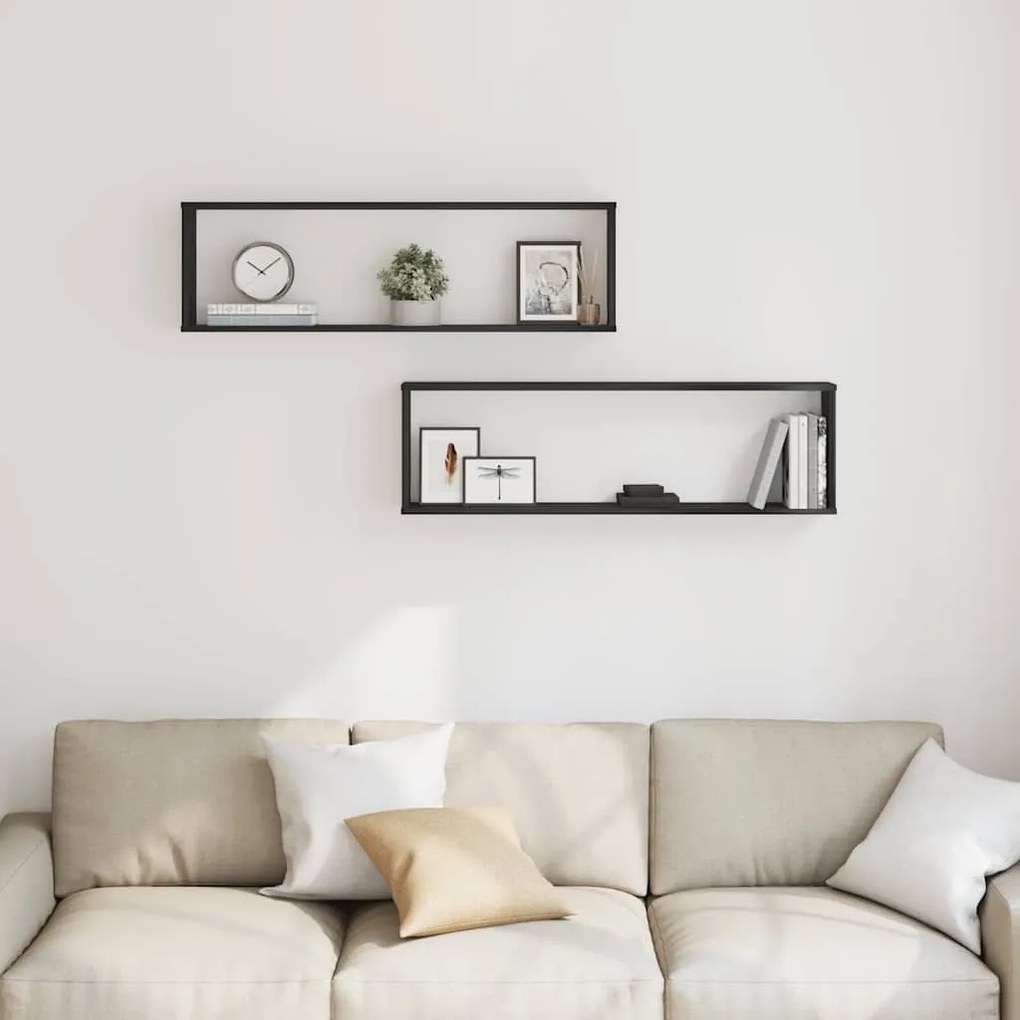2 db fekete tölgyszínű szerelt fa fali kockapolc 100x15x30 cm