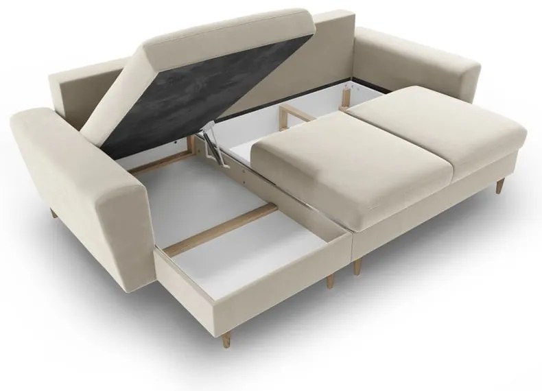 Bézs bársony kinyitható tárolóhelyes sarokkanapé Kyoto – Cosmopolitan Design