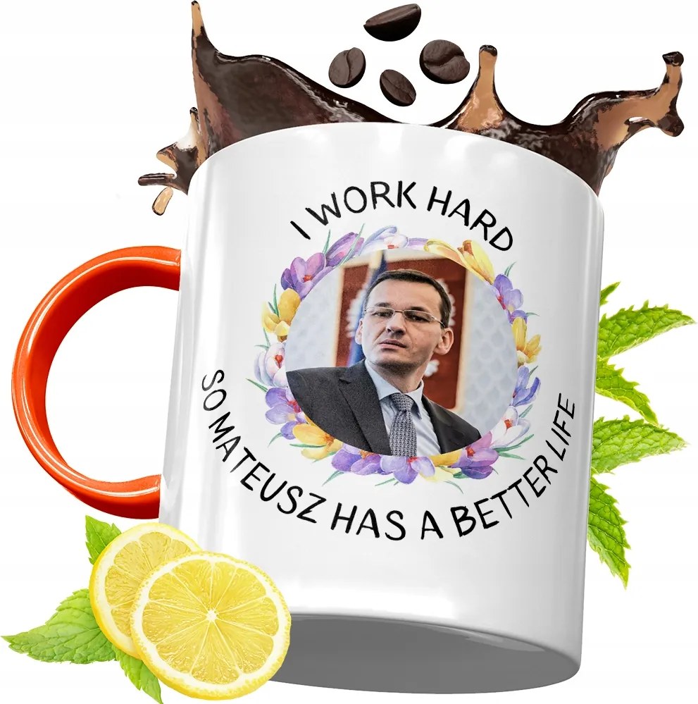 Narancssárga Bögre Mateusz Morawiecki Ajándék fényképes nyomtatással