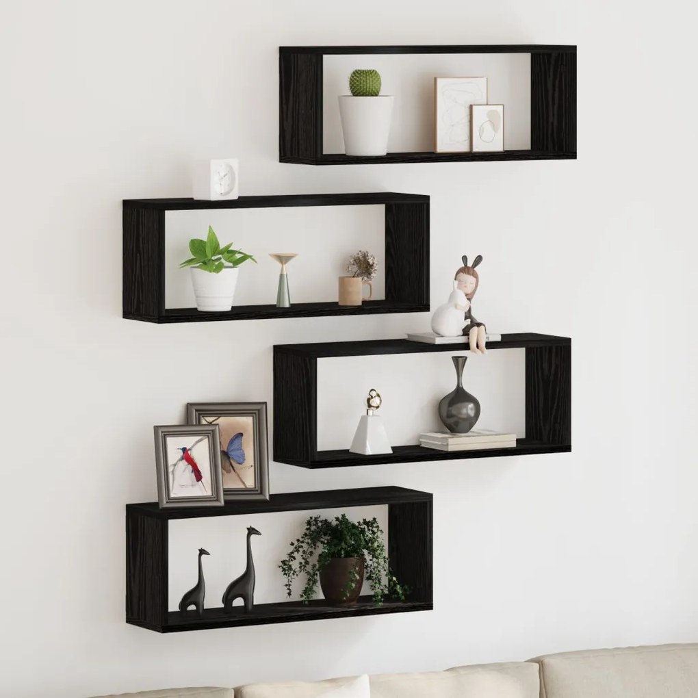 Fali Polcok Szett 4 - Fekete Tölgy - 60x15x23 cm - Mérnöki Fából Készült