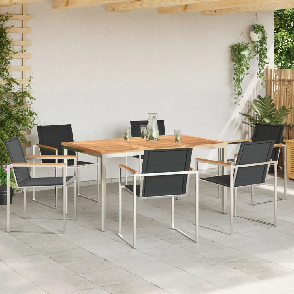 7 Darabos Kerti Étkező Szett Tömör Tíkfából, Kültéri Étkező Asztal 150x90x75 cm Tömör Tíkfából