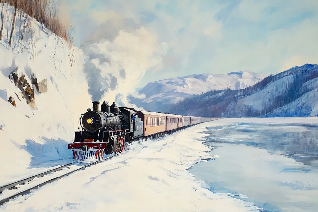 Fotótapéta Flizelina Tél Hó Hegyek Tó Vasút Vonat 416x290 ragasztó