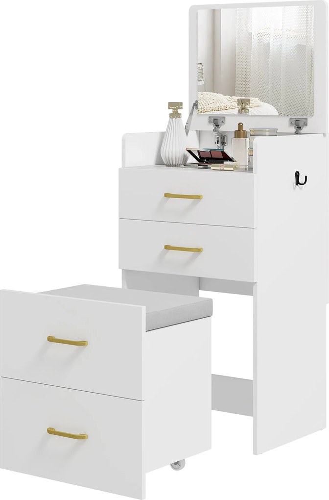 HOMCOM 3 az 1-ben Sminkasztal Stool-lal Tükörrel Fiókokkal Modern Sminkasztal 48x40x90 cm Fehér | Aosom