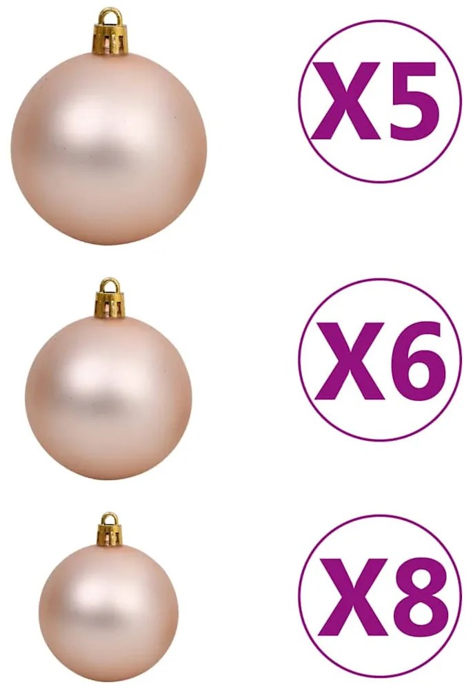 műkarácsonyfa 150 LED-del, gömbszettel és hópehellyel 150 cm