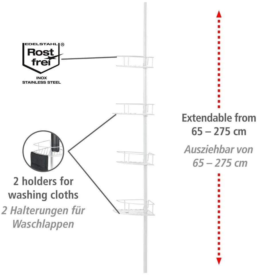 Fehér teleszkópos rozsdamentes acél fürdőszobai sarokpolc Dolcedo – Wenko