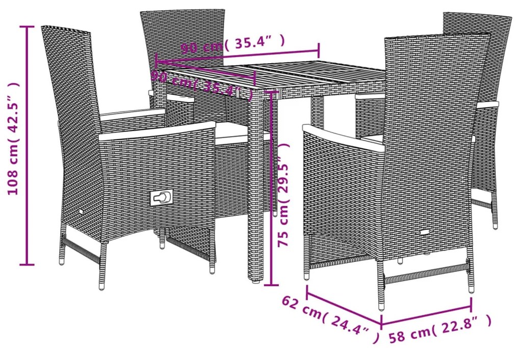 5 részes fekete polyrattan kerti étkezőgarnitúra párnákkal