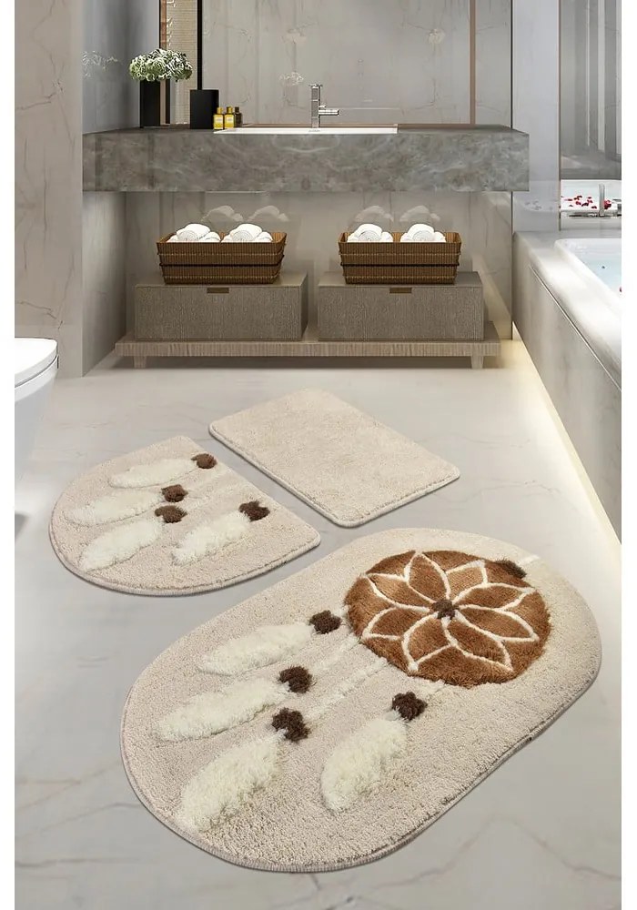 Világosbarna fürdőszobai kilépő szett 3 db-os 100x60 cm Ruya – Foutastic