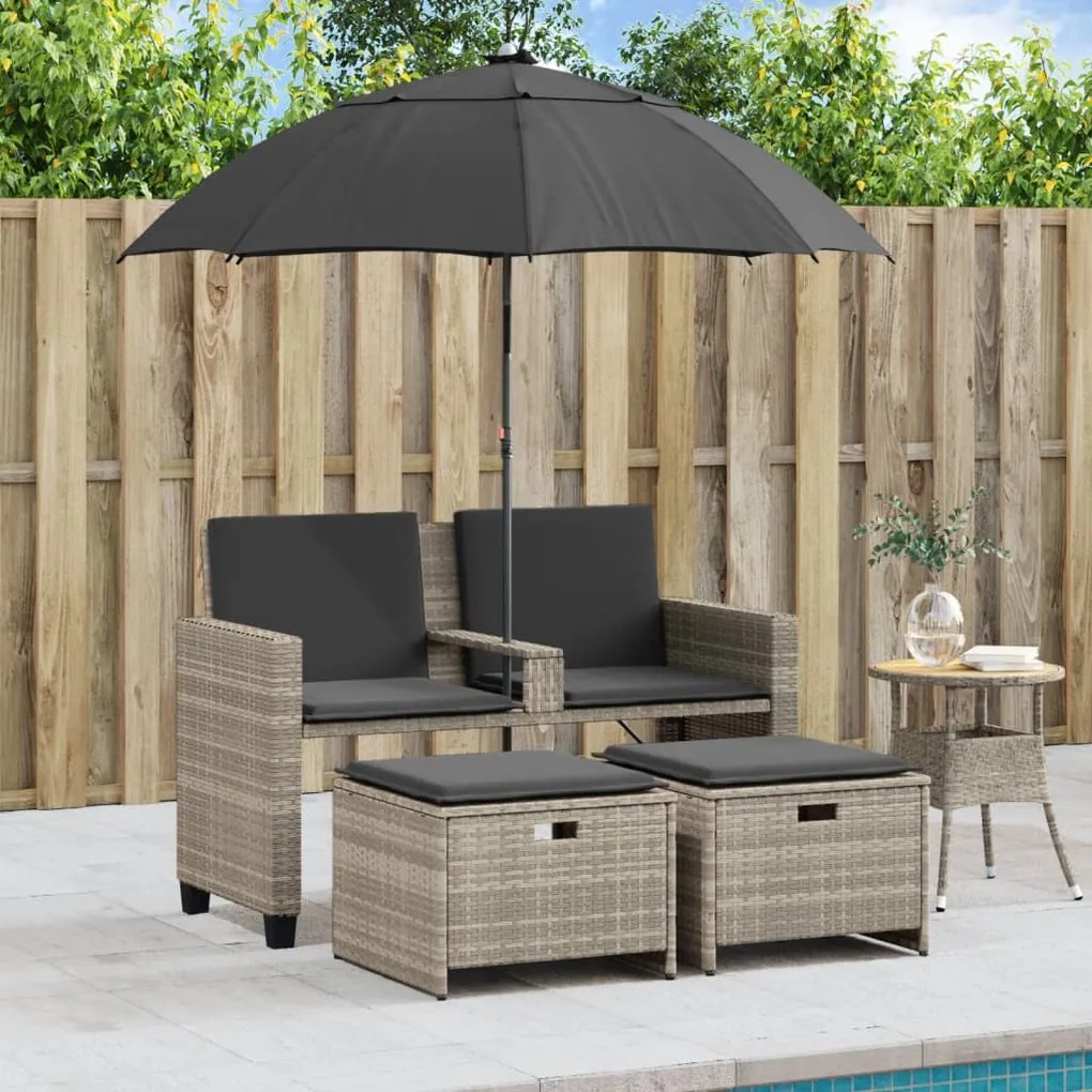 2 személyes polyrattan kerti kanapé napernyővel/székkel