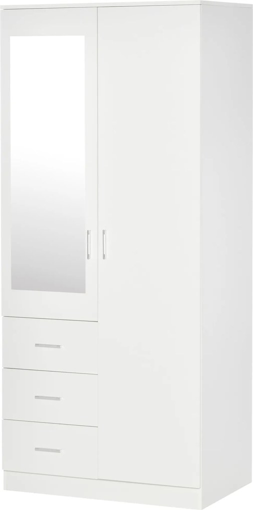 HOMCOM Széfruhás szekrény 2 ajtóval, tükörrel, 3 fiókkal, állítható polcokkal és akasztó rúddal, 80x50x180 cm Fehér | Aosom