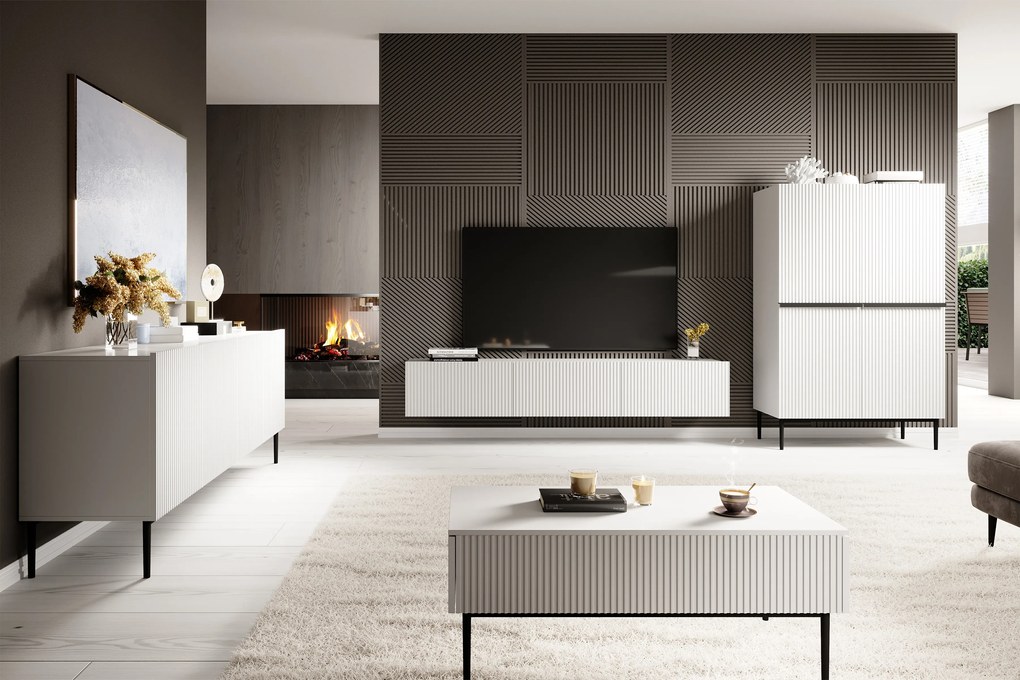 Nicole komód 200 cm négyajtós, mart előlapos - matt fehér / fekete lábak