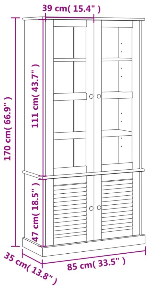 VIGO fehér üvegvitrines tömör fenyőszekrény 85x35x170 cm