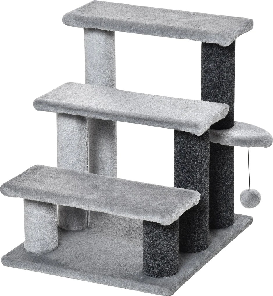 PawHut Háziállat Lépcső 3-Lépcsős Cica Lépcső Kaparóposzttal és Játéklabdával 5 kg-ig Fekvő Szürke Plüss Juta 45 x 40 x 48 cm | Aosom