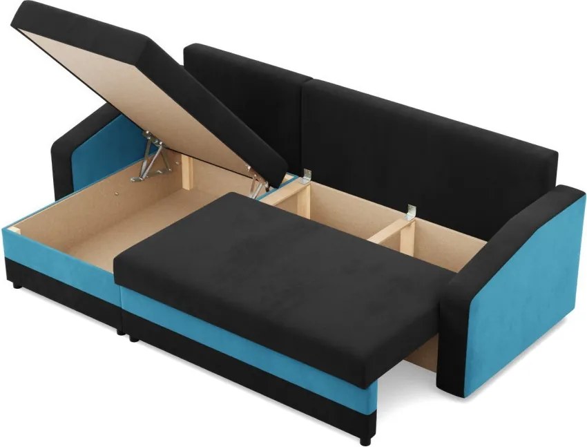 Hewlet sarokkanapé, 2 ágyneműtartóval, szövet anyag, univerzális oldal, hab töltet, fekete - kék