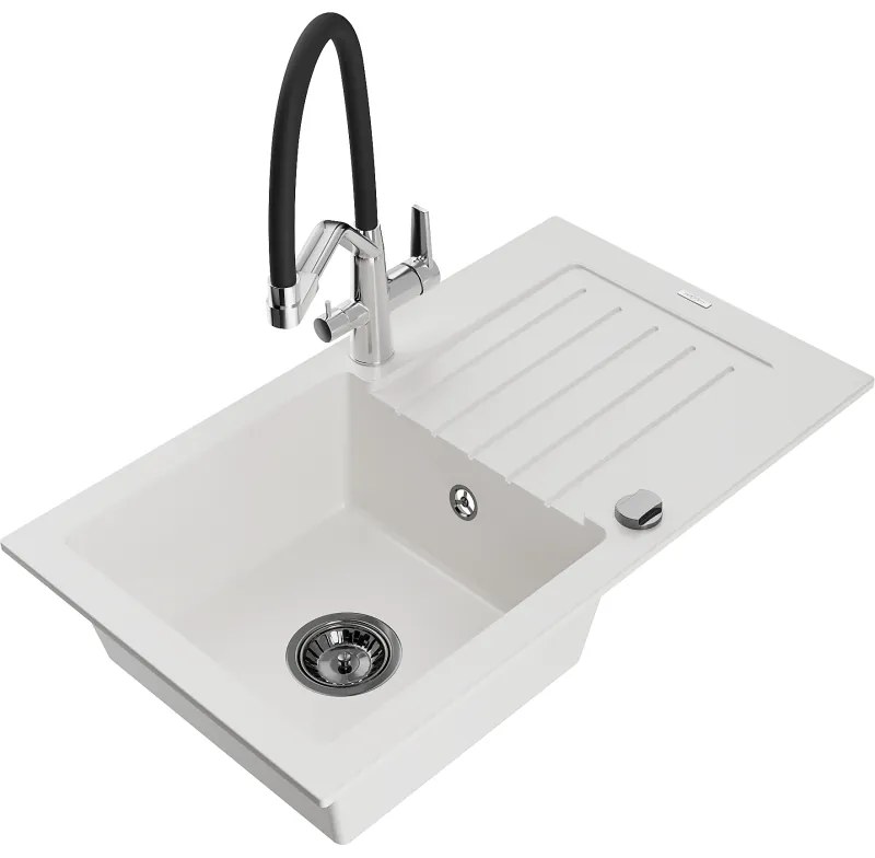 Mexen Pablo 1-medencés gránit mosogató lefolyóval és Duo konyhai csapteleppel, fehér - 6510-20-671701-07-B