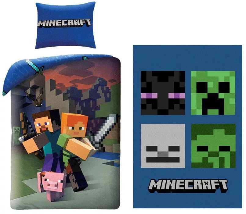 Minecraft Steve és Alex ágyneműhuzat és polár takaró szett