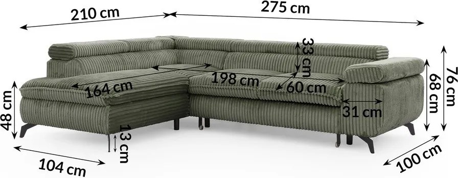 Zöld kordbársony sarokkanapé (bal oldali-L alakú) Marbeya – Ropez