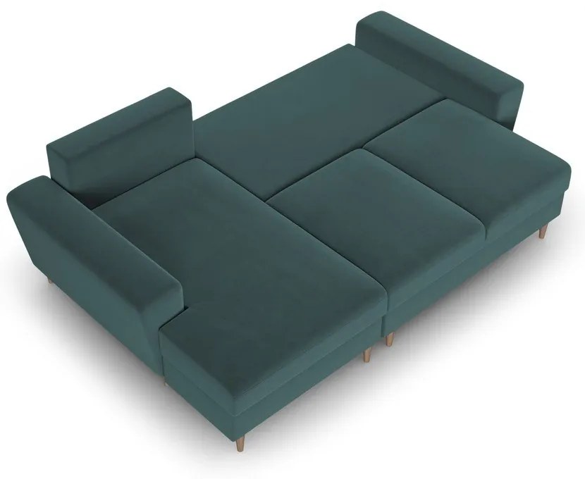 Petróleum színű bársony kinyitható tárolóhelyes sarokkanapé (bal oldali-heverő résszel) Kyoto – Cosmopolitan Design